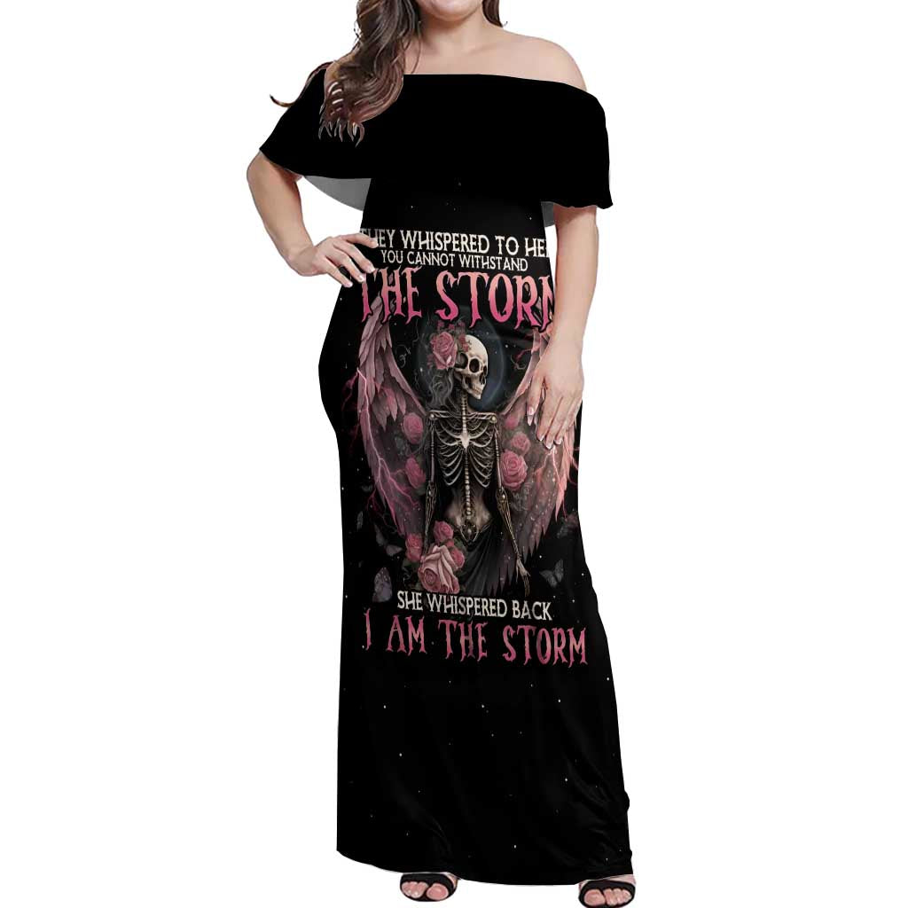 I Am The Storm Skeleton Roses Wings Off Shoulder Maxi Dress Skull Art - Wonder Print Shop