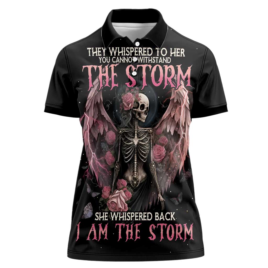 I Am The Storm Skeleton Roses Wings Women Polo Shirt Skull Art