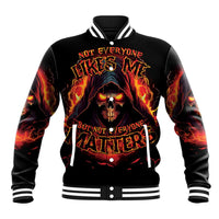 Black baseball jacket with striped collar, flames skull graphic on front.