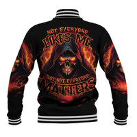 Black baseball jacket with striped back collar, reaper skull flame graphic.
