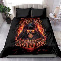 Black bedding set with flaming skull graphic and bold text on duvet, two matching pillow covers