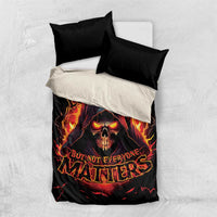 Black duvet bedding set with flaming skull graphic and fiery typography, two matching pillow covers