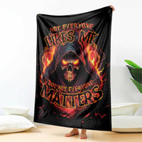 Black skull reaper graphic blanket with flaming skull and glowing red-orange lettering
