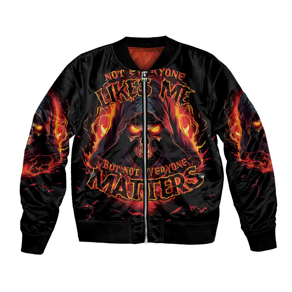 Black bomber jacket with zip front and fiery skull Reaper graphic on front