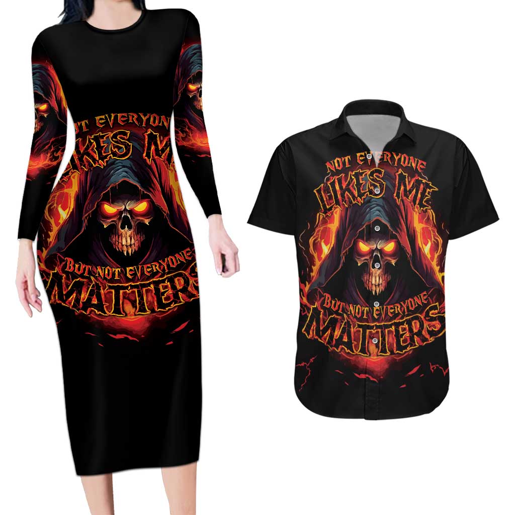 Not Everyone Likes Me Skull Reaper Couples Matching Long Sleeve Bodycon Dress and Hawaiian Shirt - Wonder Print Shop