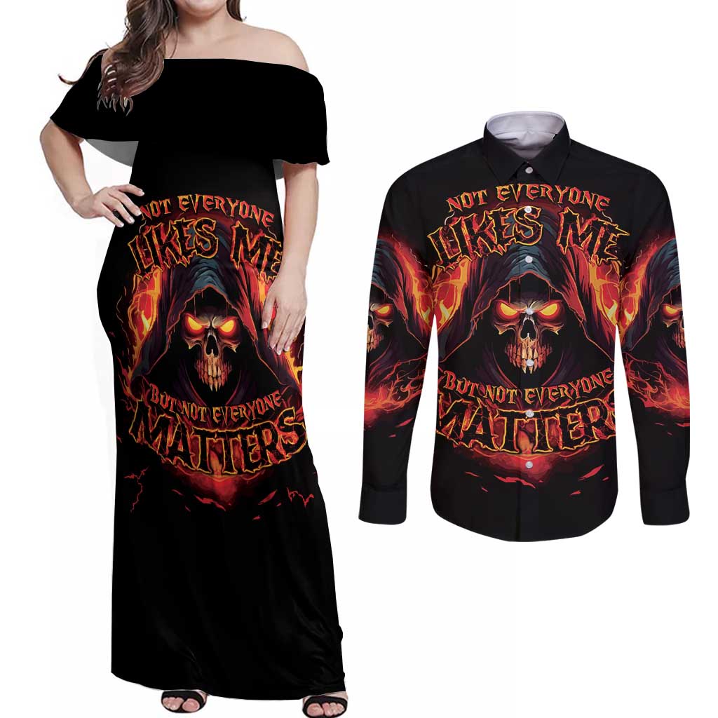 Not Everyone Likes Me Skull Reaper Couples Matching Off Shoulder Maxi Dress and Long Sleeve Button Shirt - Wonder Print Shop