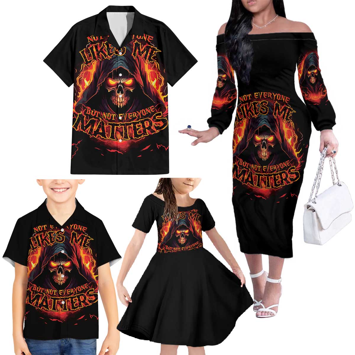 Not Everyone Likes Me Skull Reaper Family Matching Off The Shoulder Long Sleeve Dress and Hawaiian Shirt - Wonder Print Shop