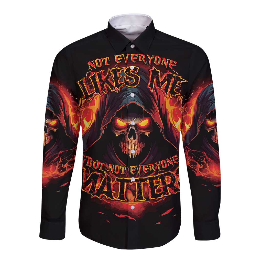 Black long-sleeve button shirt with skull reaper graphic, flames and bold text