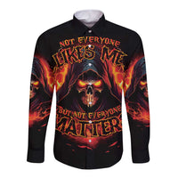 Black long-sleeve button shirt with skull reaper graphic, flames and bold text