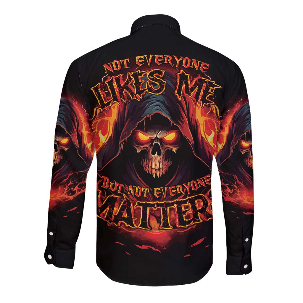 Black long-sleeve button shirt, back skull reaper graphic with flames and text