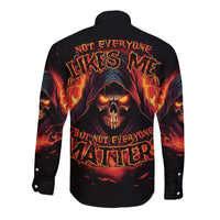 Black long-sleeve button shirt, back skull reaper graphic with flames and text