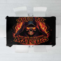 Black tablecloth with flaming skull reaper design and bold lettering, laid flat on chairs