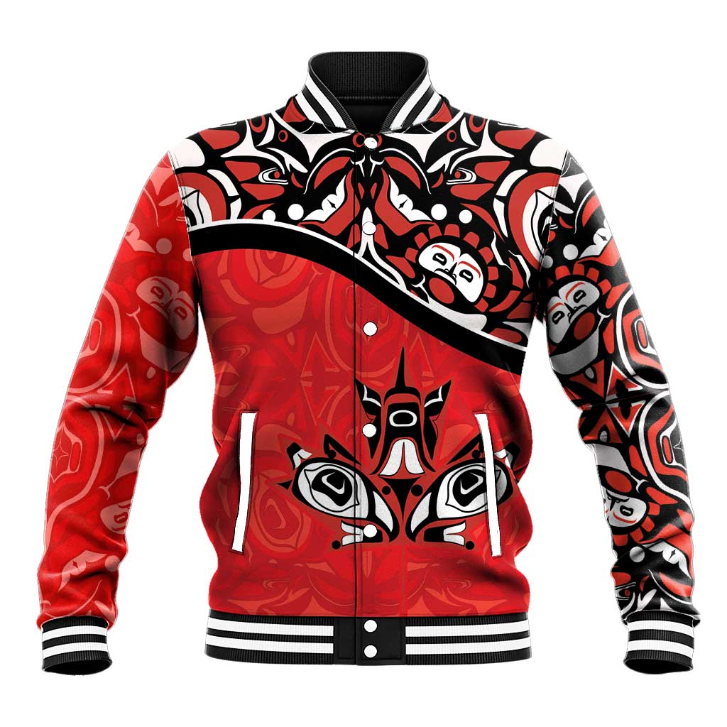 Canada Day Baseball Jacket Haida Maple Leaf Style Tattoo Red