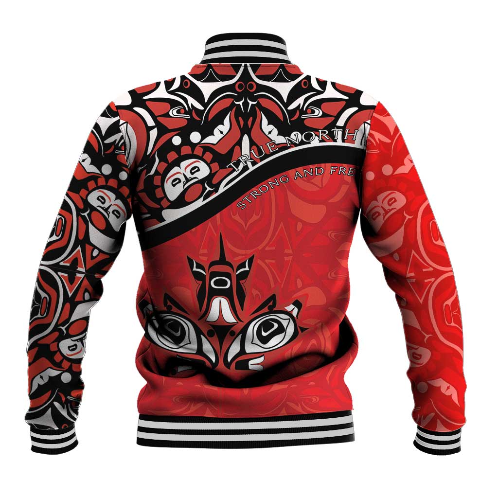 Red baseball jacket back with black-and-white graphic, bold lettering, striped trim