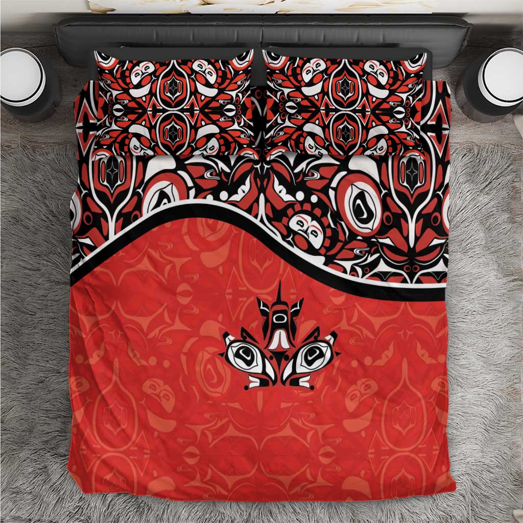 Canada Day Bedding Set Haida Maple Leaf Style Tattoo Red