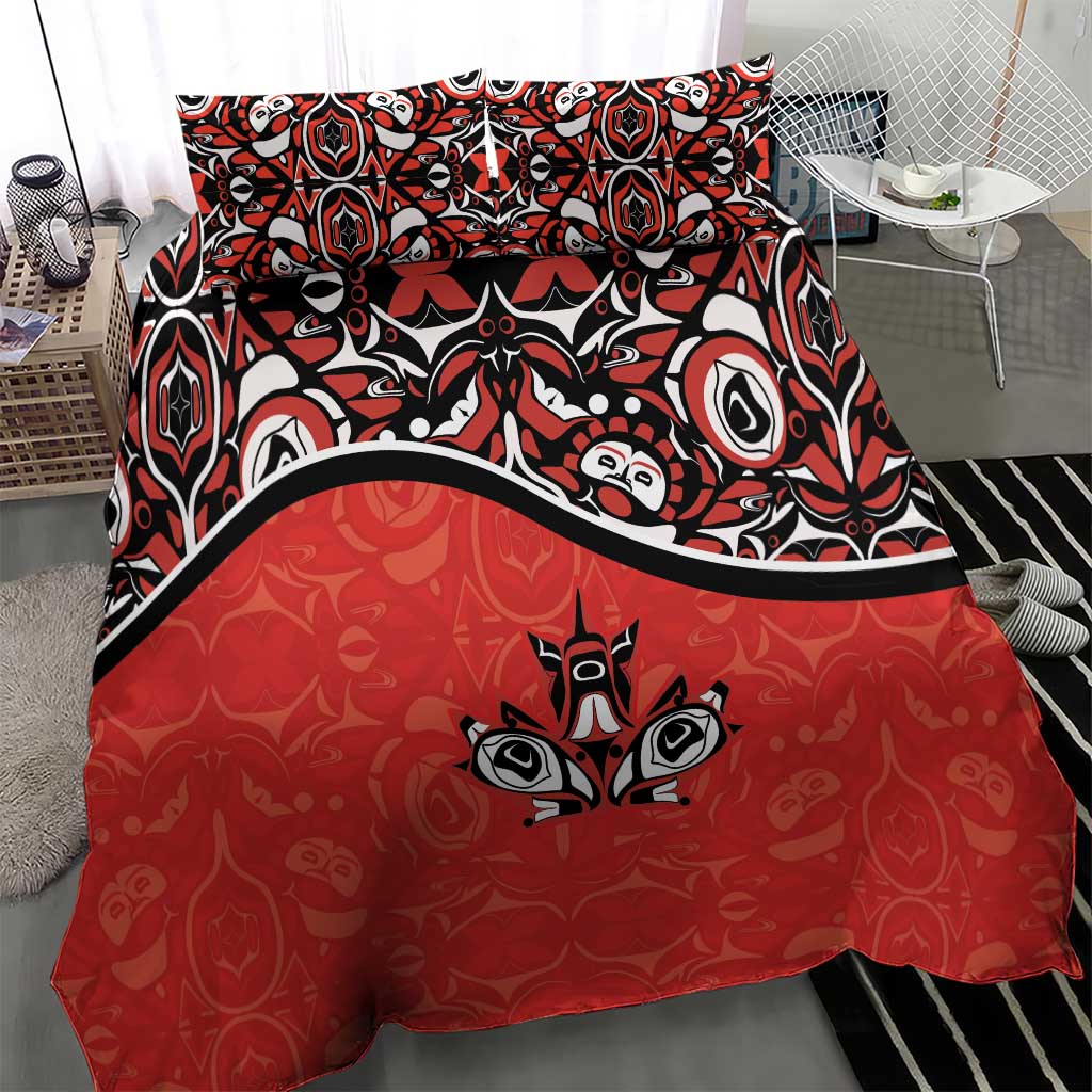 Red and black bedding set with tribal motif duvet cover and two matching pillowcases
