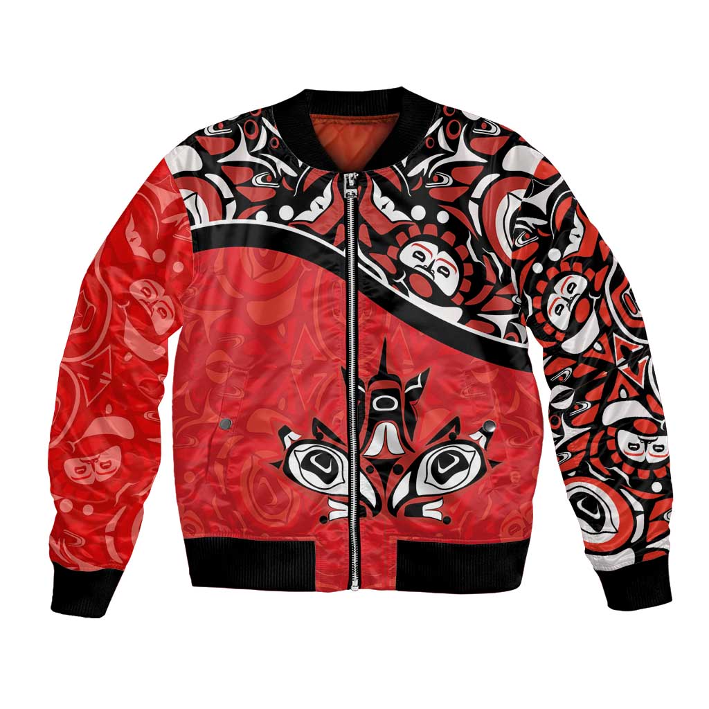 Red unisex bomber jacket with black ribbed collar, zip front, and Haida-style sleeve art