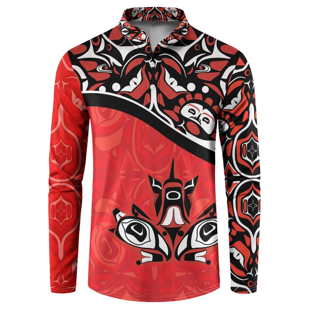 Red and black patterned button-up sweatshirt with Haida-style animal graphic and collar