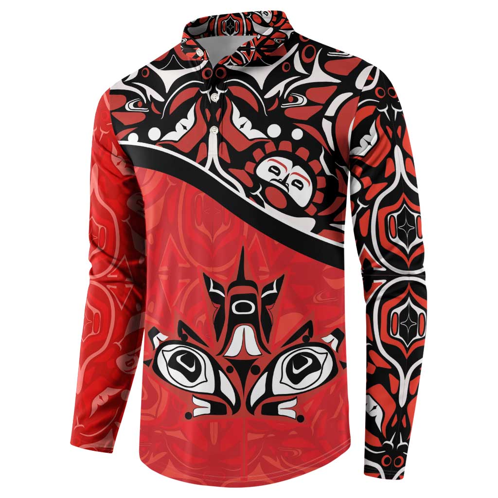 Red and black patterned button-up sweatshirt with central animal-face graphic and diagonal band