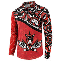 Red and black patterned button-up sweatshirt with central animal-face graphic and diagonal band