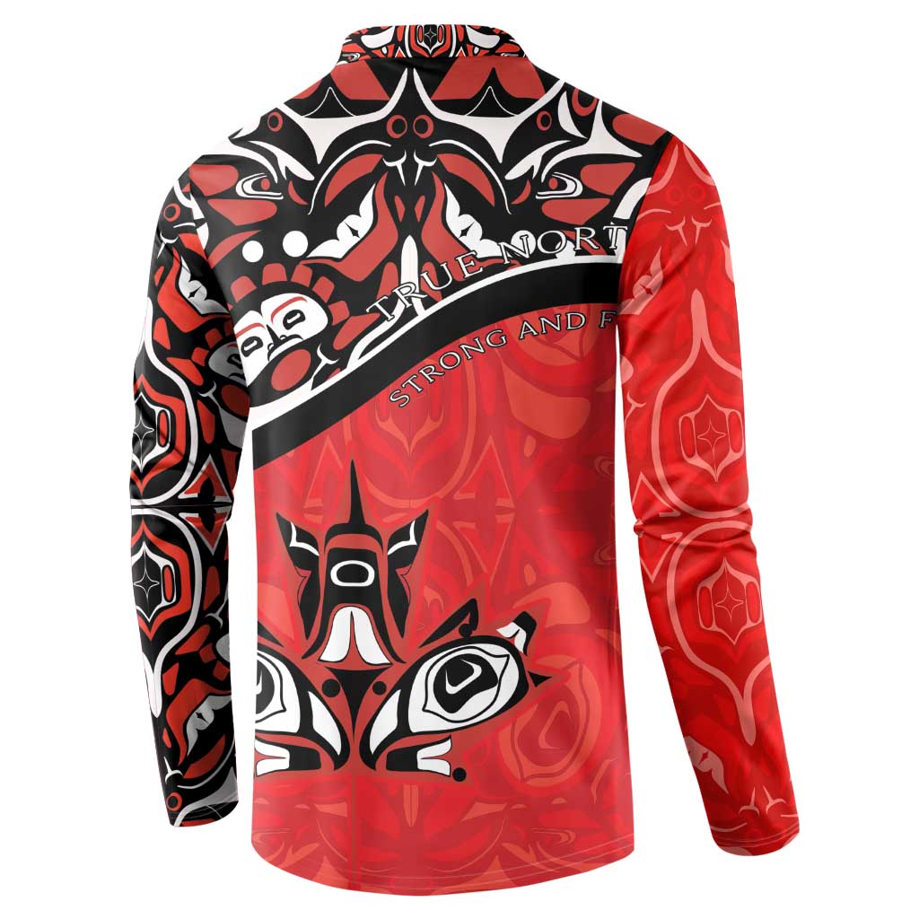 Red and black patterned button-up sweatshirt with 'STRONG AND FREE' text on the back