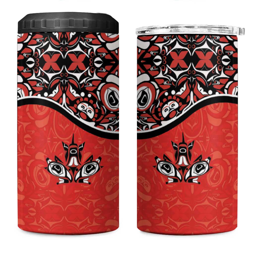 Canada Day 4 in 1 Can Cooler Tumbler Haida Maple Leaf Style Tattoo Red