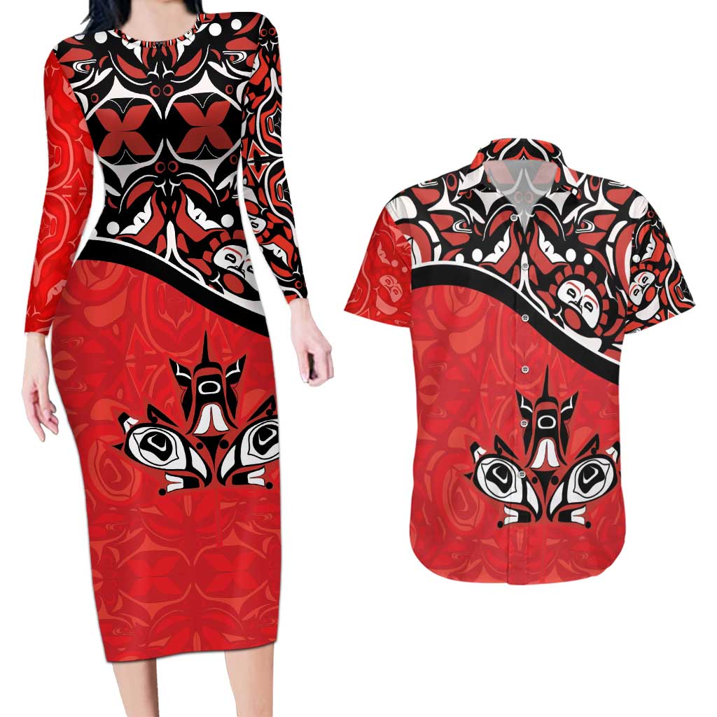 Canada Day Couples Matching Long Sleeve Bodycon Dress and Hawaiian Shirt Haida Maple Leaf Style Tattoo Red