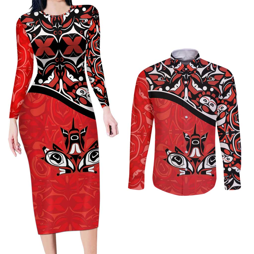 Canada Day Couples Matching Long Sleeve Bodycon Dress and Long Sleeve Button Shirt Haida Maple Leaf Style Tattoo Red