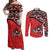 Canada Day Couples Matching Off Shoulder Maxi Dress and Long Sleeve Button Shirt Haida Maple Leaf Style Tattoo Red