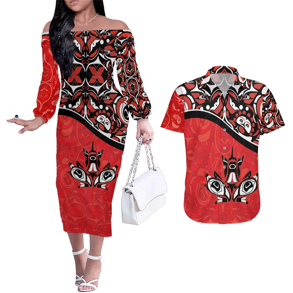 Canada Day Couples Matching Off The Shoulder Long Sleeve Dress and Hawaiian Shirt Haida Maple Leaf Style Tattoo Red