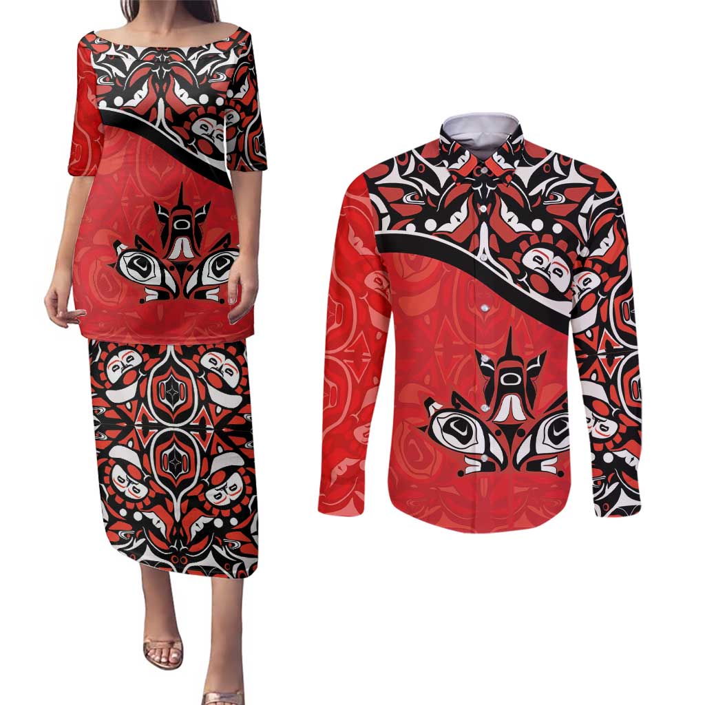 Canada Day Couples Matching Puletasi and Long Sleeve Button Shirt Haida Maple Leaf Style Tattoo Red