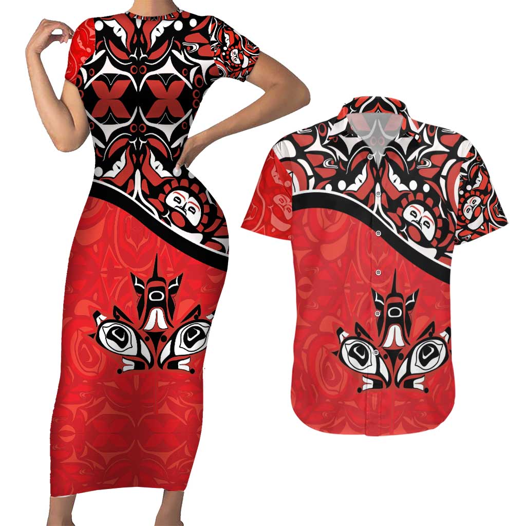 Canada Day Couples Matching Short Sleeve Bodycon Dress and Hawaiian Shirt Haida Maple Leaf Style Tattoo Red