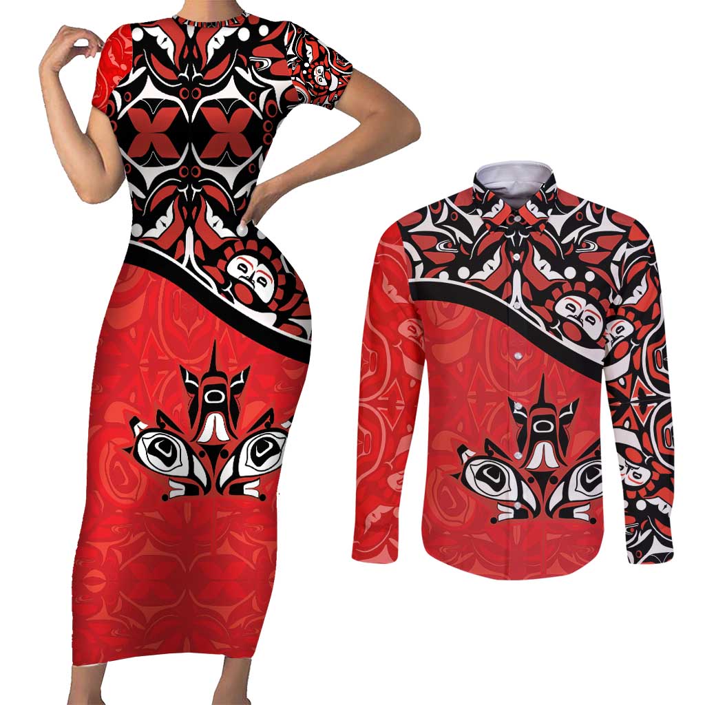 Canada Day Couples Matching Short Sleeve Bodycon Dress and Long Sleeve Button Shirt Haida Maple Leaf Style Tattoo Red