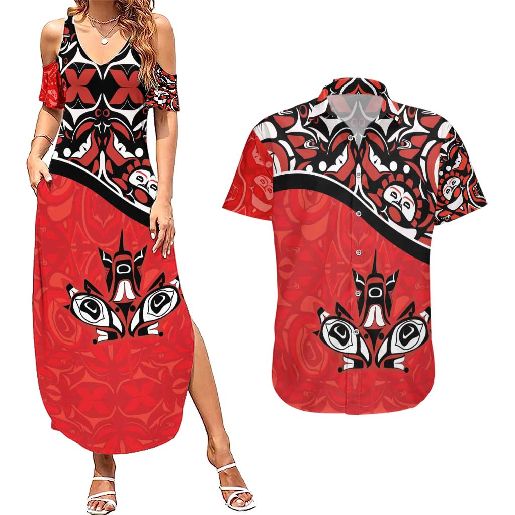 Canada Day Couples Matching Summer Maxi Dress and Hawaiian Shirt Haida Maple Leaf Style Tattoo Red