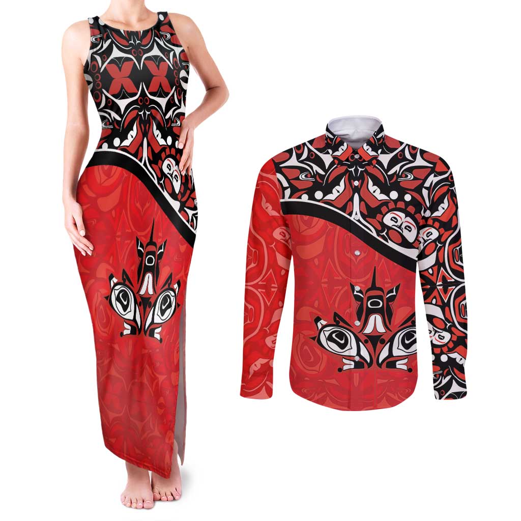 Canada Day Couples Matching Tank Maxi Dress and Long Sleeve Button Shirt Haida Maple Leaf Style Tattoo Red