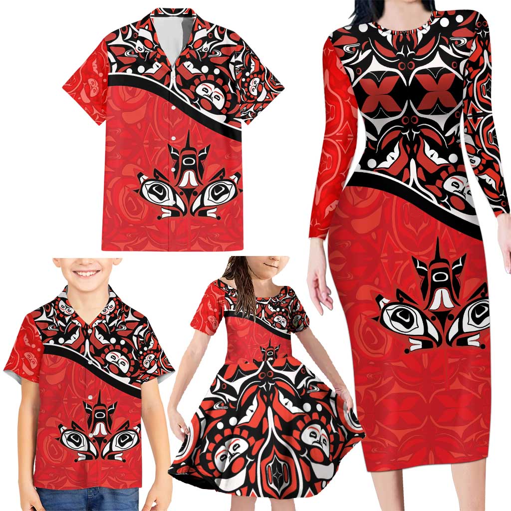 Canada Day Family Matching Long Sleeve Bodycon Dress and Hawaiian Shirt Haida Maple Leaf Style Tattoo Red