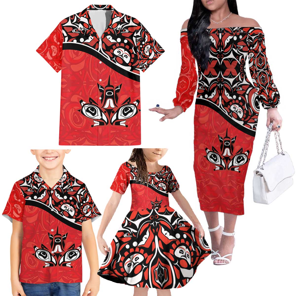 Canada Day Family Matching Off The Shoulder Long Sleeve Dress and Hawaiian Shirt Haida Maple Leaf Style Tattoo Red