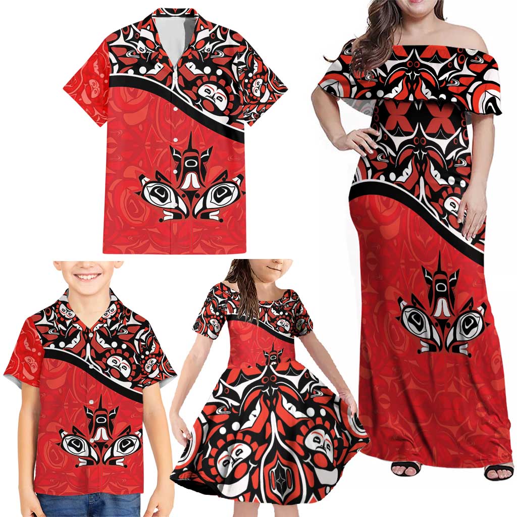 Canada Day Family Matching Off Shoulder Maxi Dress and Hawaiian Shirt Haida Maple Leaf Style Tattoo Red