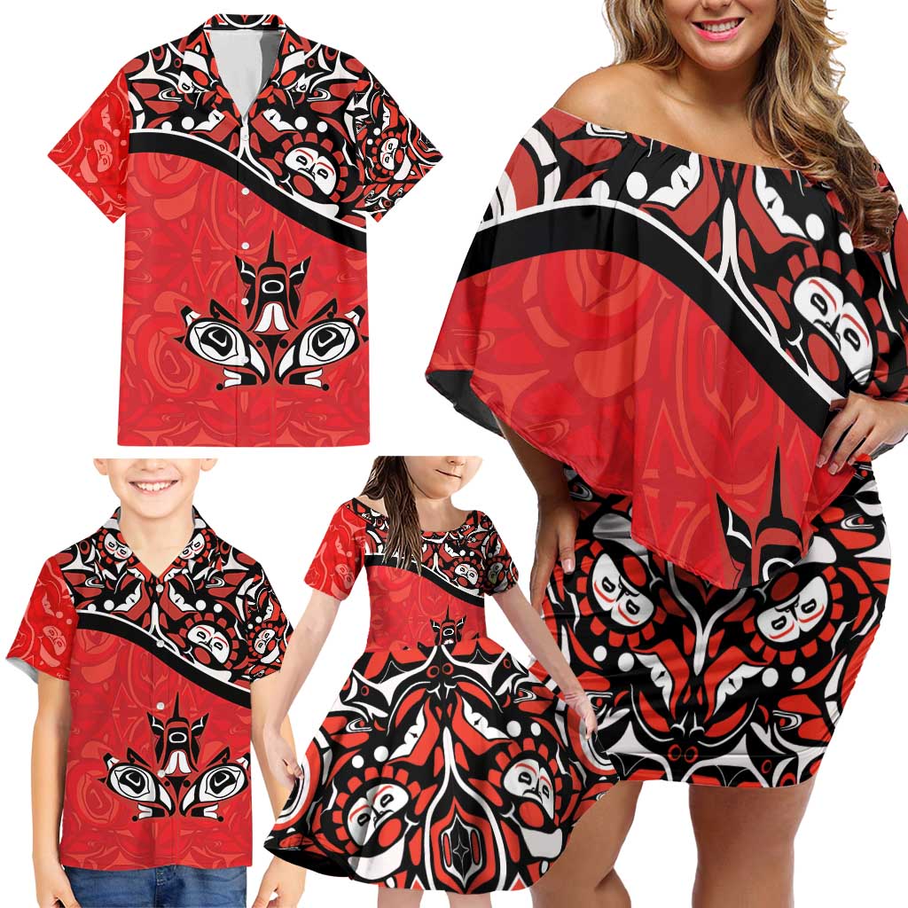 Canada Day Family Matching Off Shoulder Short Dress and Hawaiian Shirt Haida Maple Leaf Style Tattoo Red