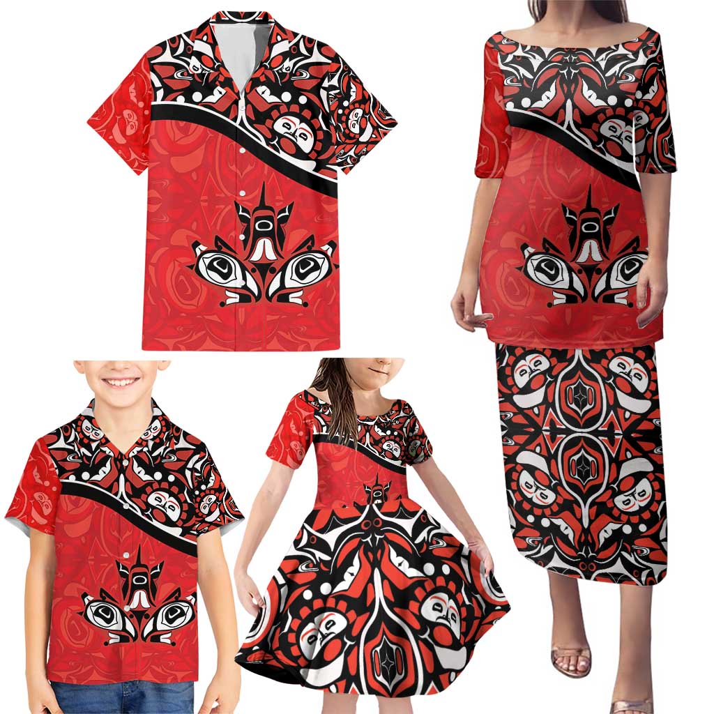 Canada Day Family Matching Puletasi and Hawaiian Shirt Haida Maple Leaf Style Tattoo Red