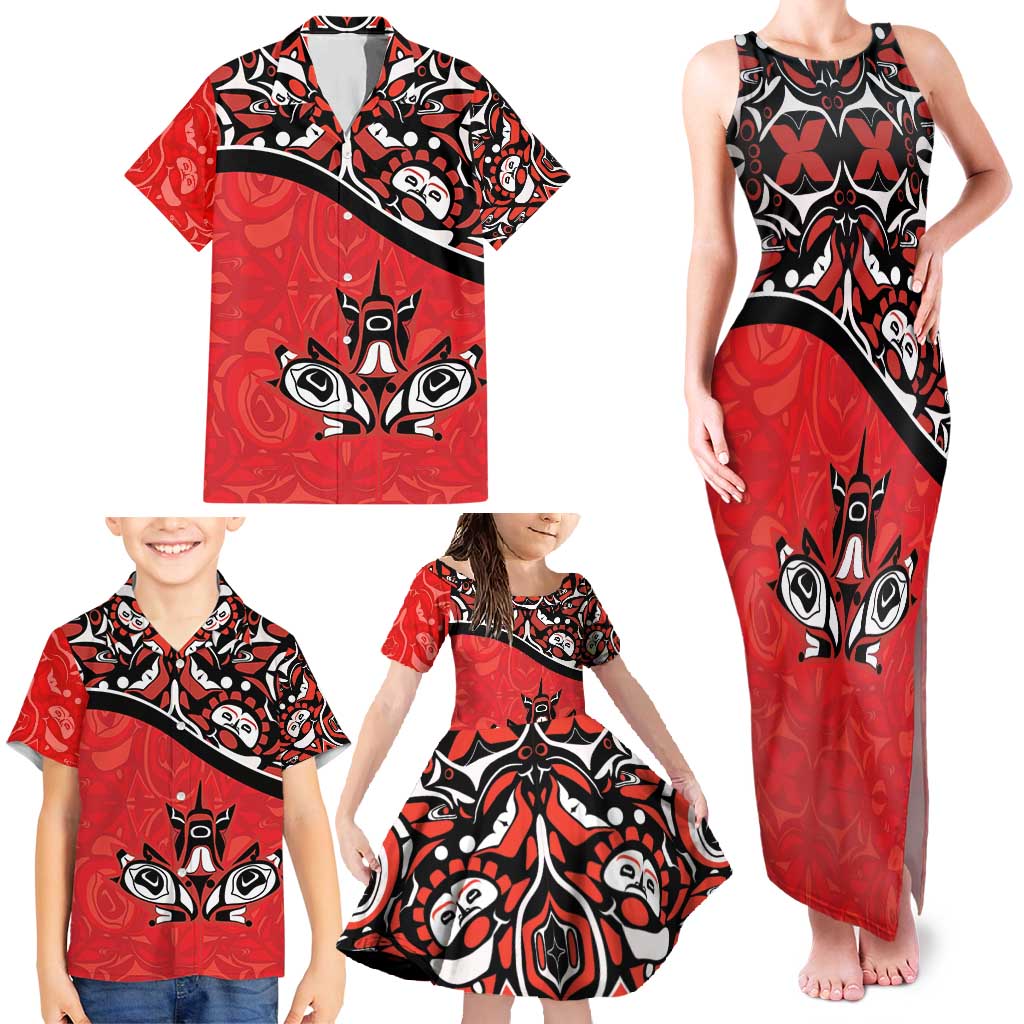 Canada Day Family Matching Tank Maxi Dress and Hawaiian Shirt Haida Maple Leaf Style Tattoo Red