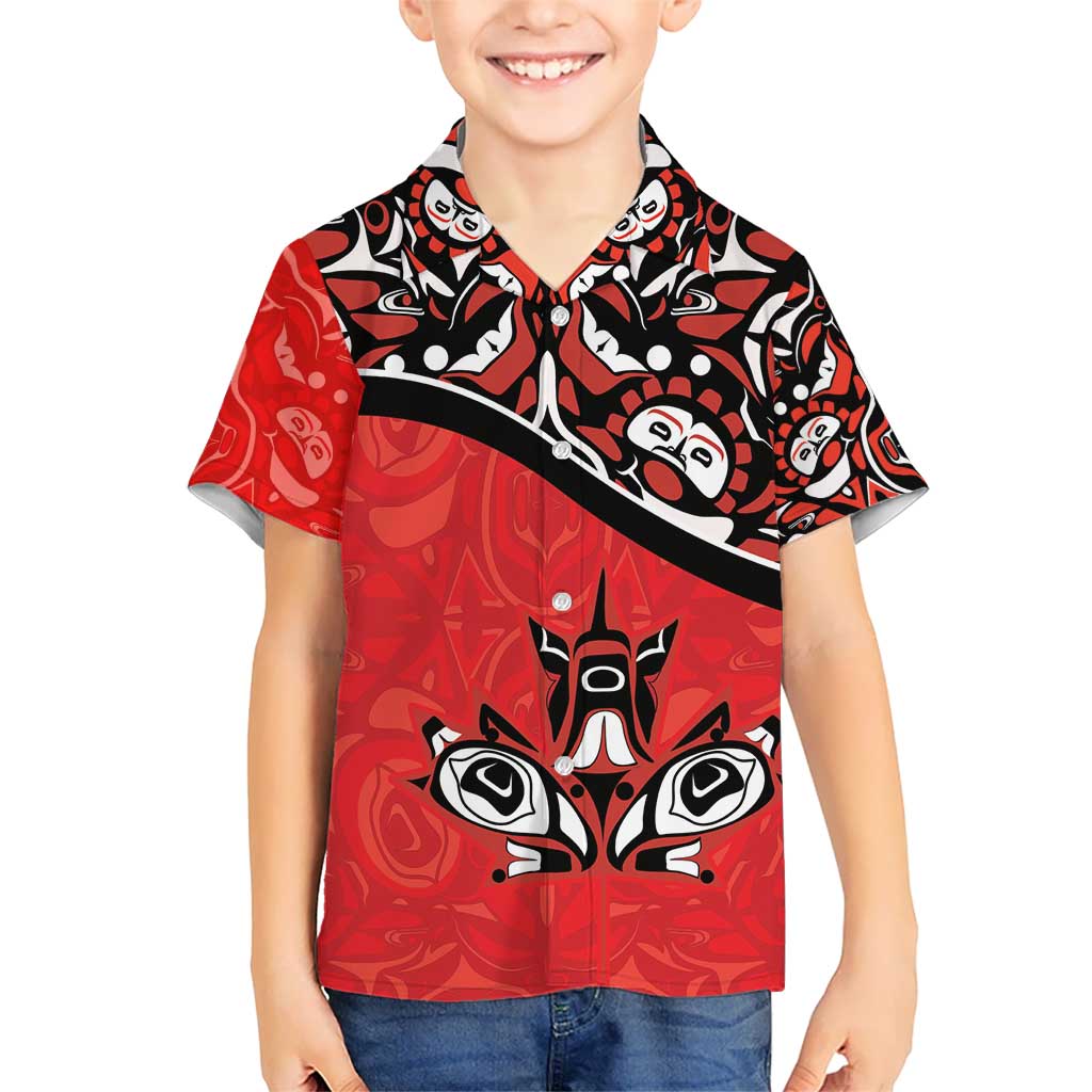 Canada Day Kid Hawaiian Shirt Haida Maple Leaf Style Tattoo Red