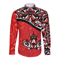 Unisex long-sleeve button shirt in red with black tribal art and stylized bird graphic