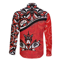 Unisex long-sleeve button shirt back in red with black/white tribal design and 'THE NORTH'