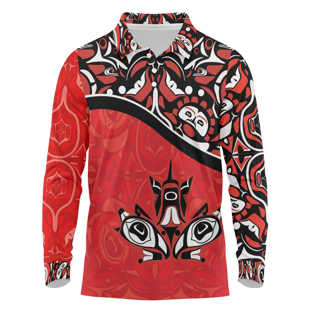 Canada Day Long Sleeve Polo Shirt Haida Maple Leaf Style Tattoo Red - Wonder Print Shop