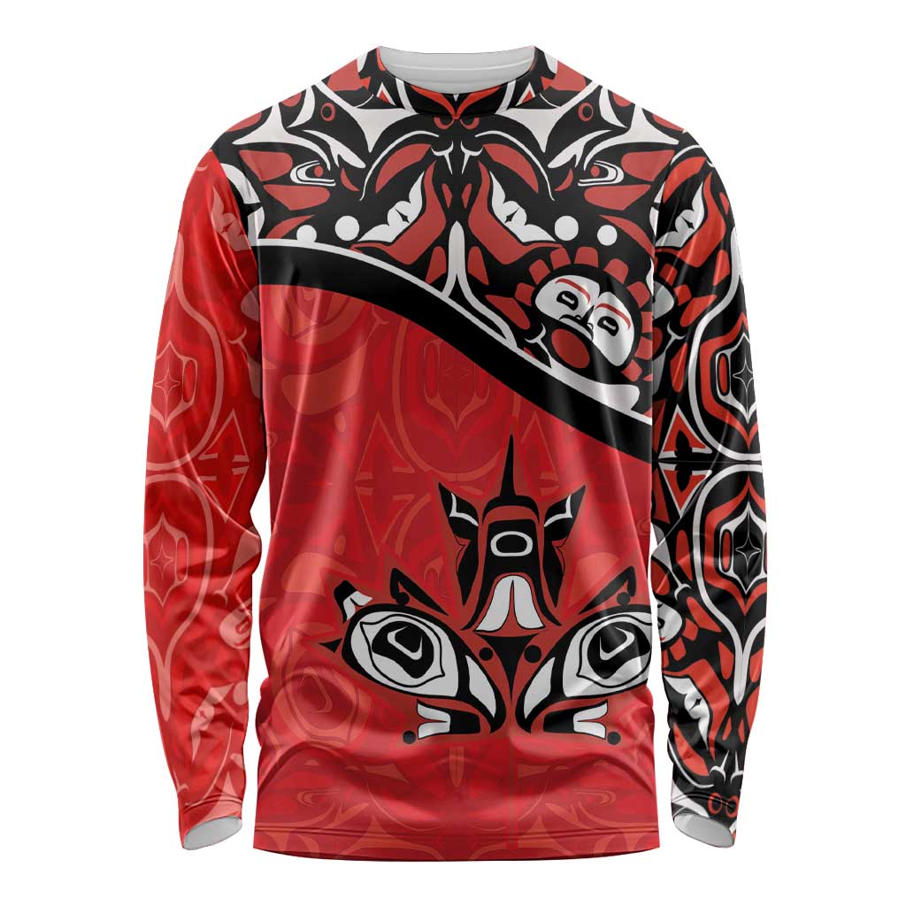 Canada Day Long Sleeve Shirt Haida Maple Leaf Style Tattoo Red - Wonder Print Shop