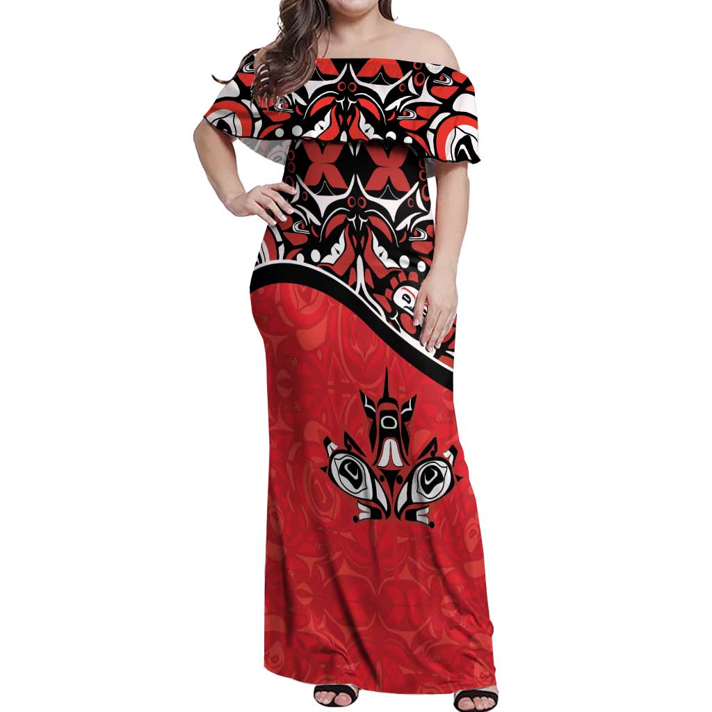 Canada Day Off Shoulder Maxi Dress Haida Maple Leaf Style Tattoo Red - Wonder Print Shop