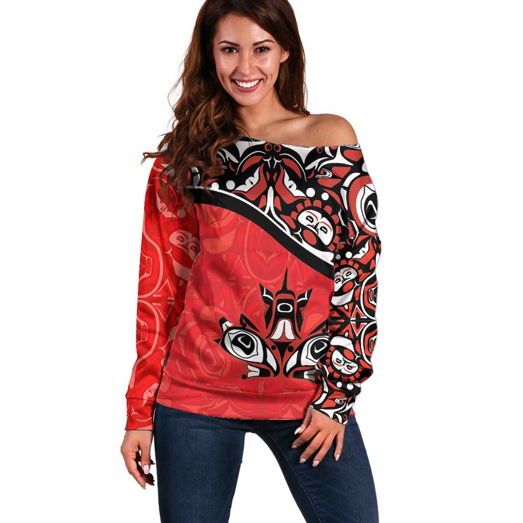 Canada Day Off Shoulder Sweater Haida Maple Leaf Style Tattoo Red