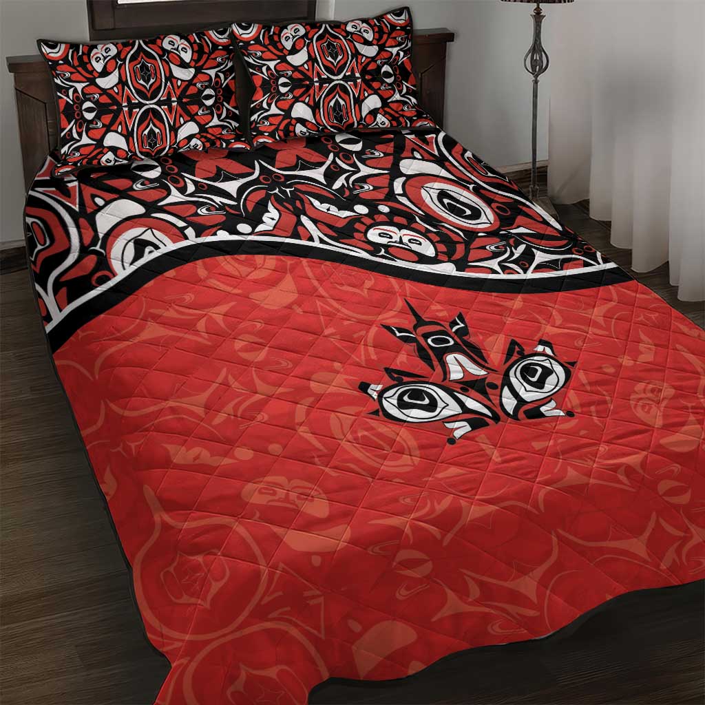 Canada Day Quilt Bed Set Haida Maple Leaf Style Tattoo Red