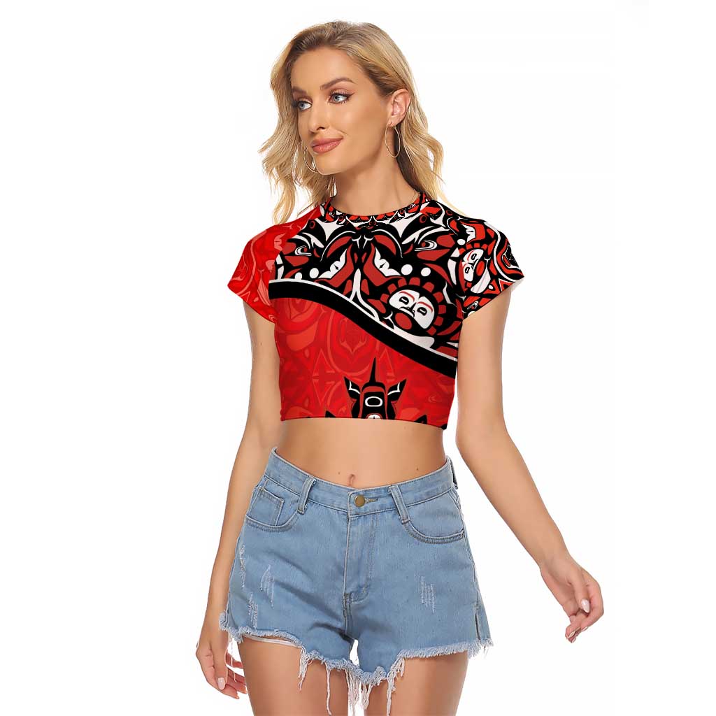 Canada Day Raglan Cropped T Shirt Haida Maple Leaf Style Tattoo Red